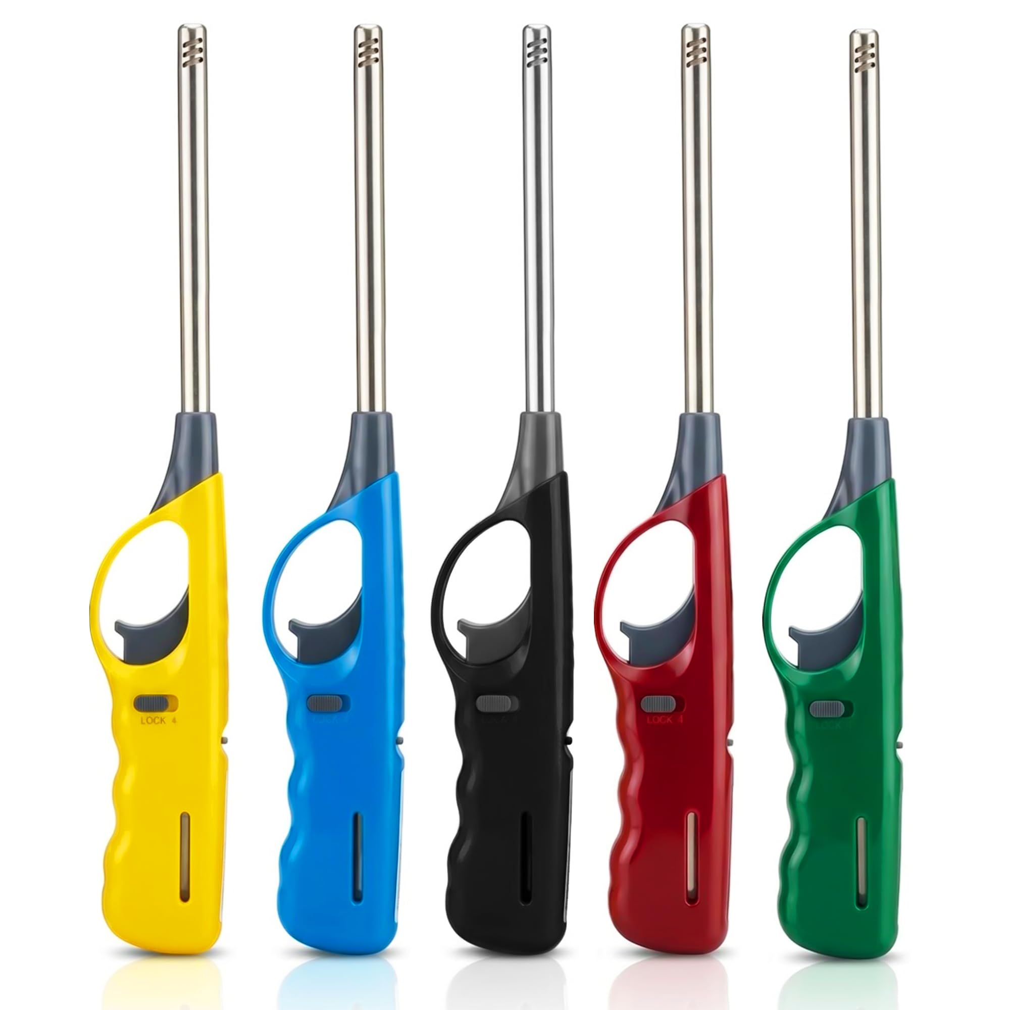 Pack of 5 Long Reach BBQ Lighter Refillable Gas Lighter Windproof Adjustable Flame Kitchen Candle Hob Grill Fireplace Camping Lighter with Safety Lock Assorted Colours
