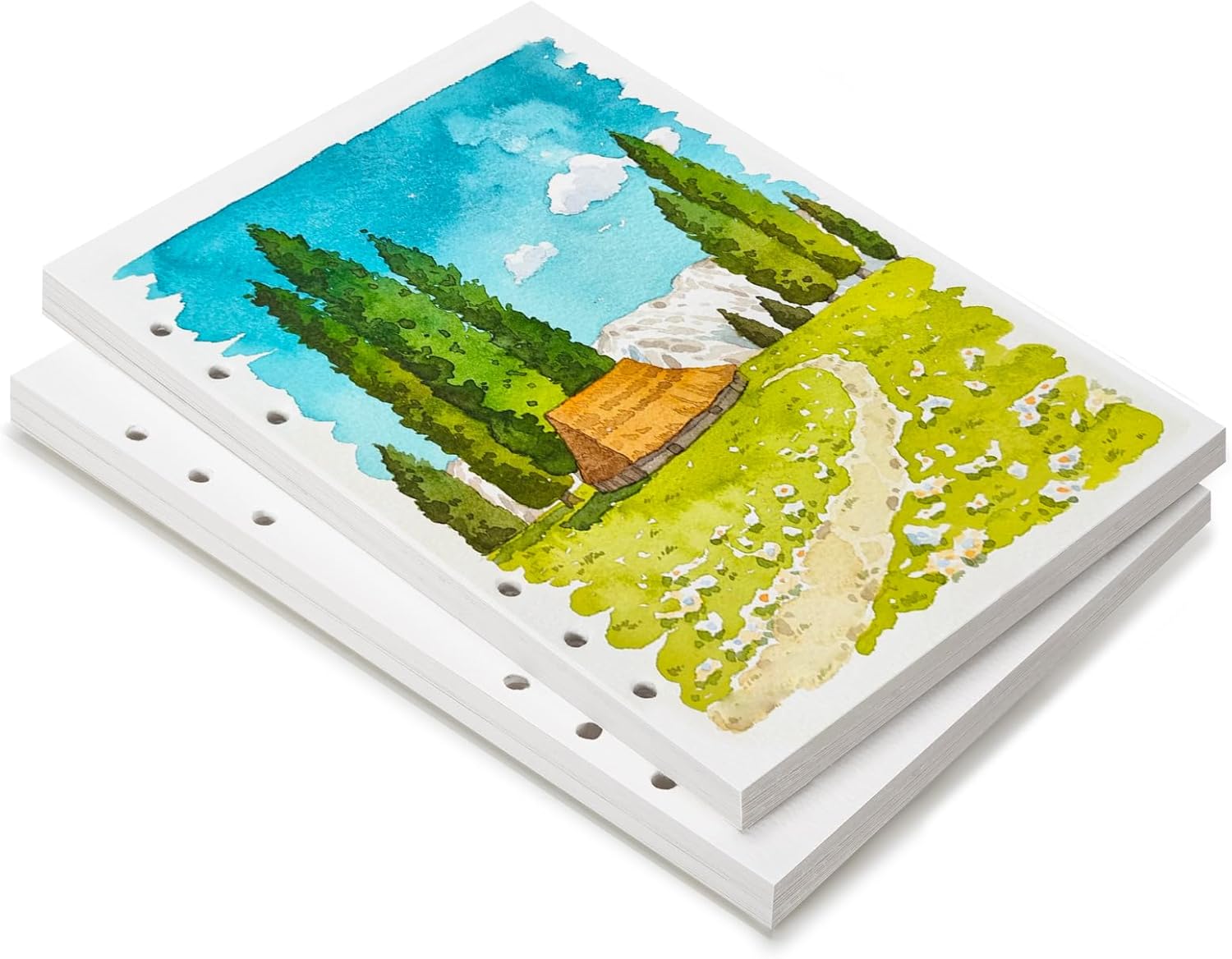 LIGHTWISH Watercolor Paper Bulk, 100% Cotton Hot Press 300gsm/140lb, 2 Pack, Total 40 Sheets A5 Hole-Punched Interchangeable Paper for Artists, Adults,Students,5.8 * 8.2 Inches