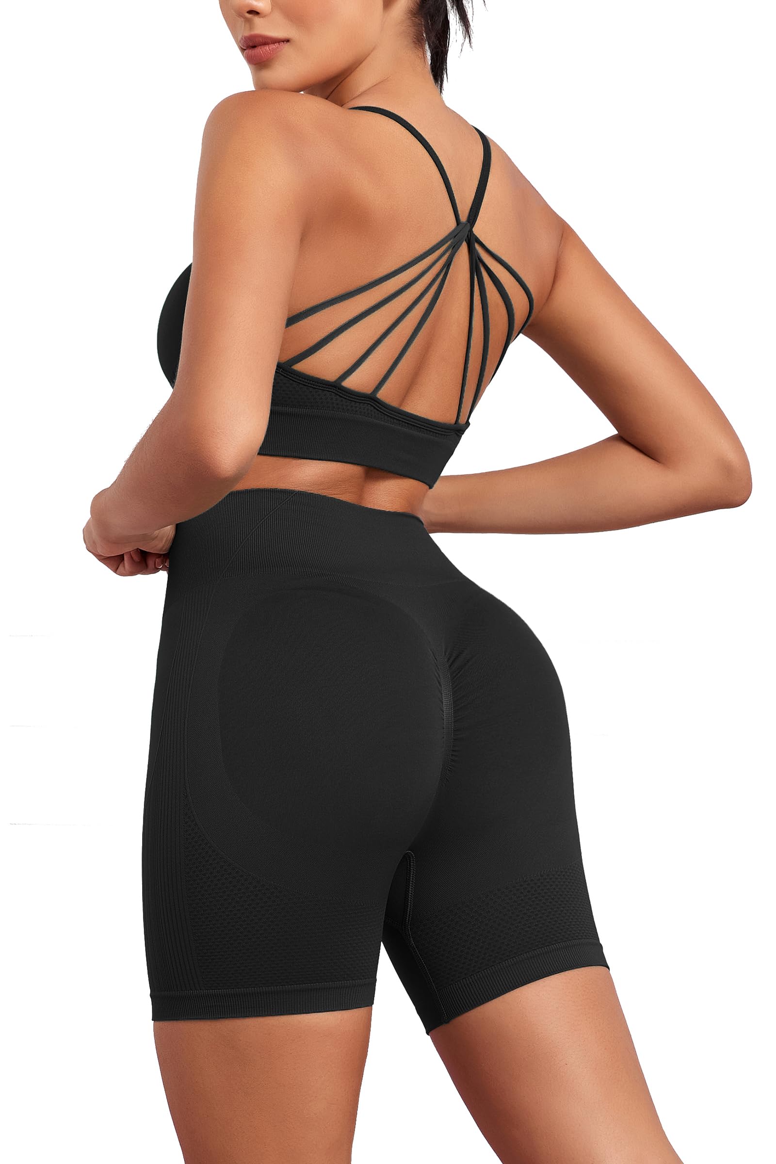 Seamless Workout Sets for Women Strappy Crisscross Sports Bras with Shorts 2 Piece Top Bottom Yoga Outfits Gym Tracksuit