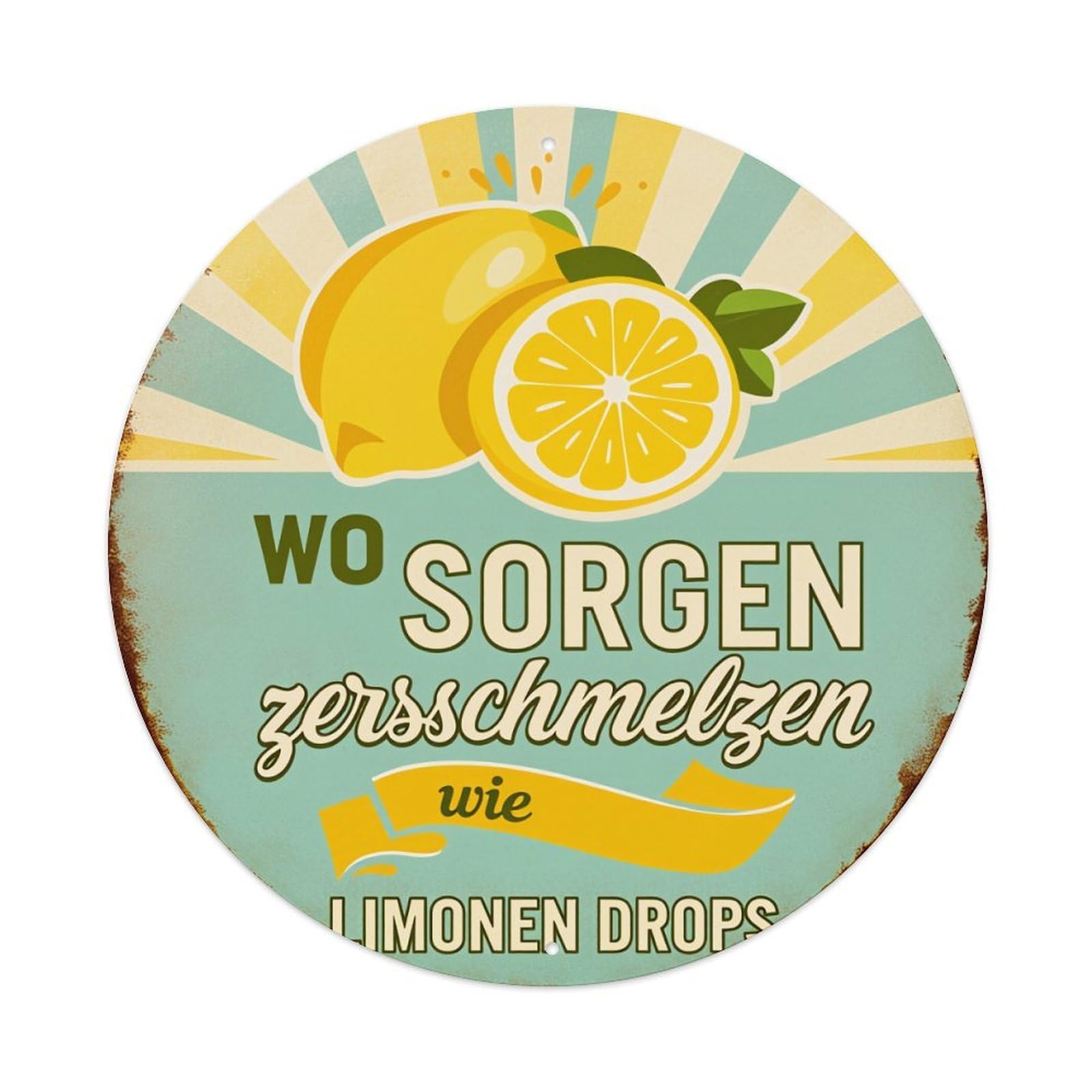 Lemon Slices Sunburst Background Vintage Style Text Round Vintage Tin Sign,Retro Wall Art,Metal Poster for Home, Bar, Garage, Cafe, Rustic Indoor & Outdoor Decor, 8x8 Inches