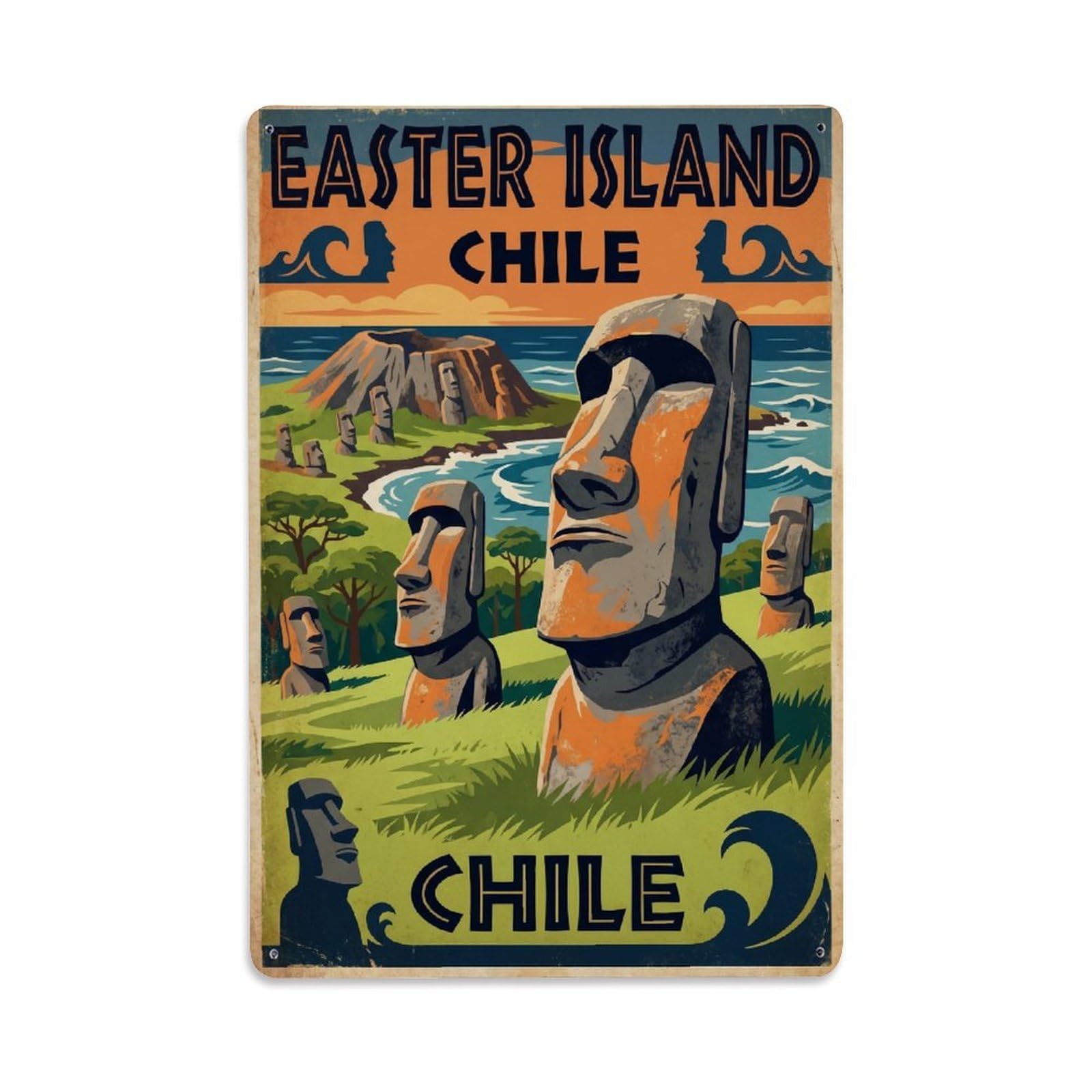 Vintage Chile Easter Island Travel Metal Tin Sign