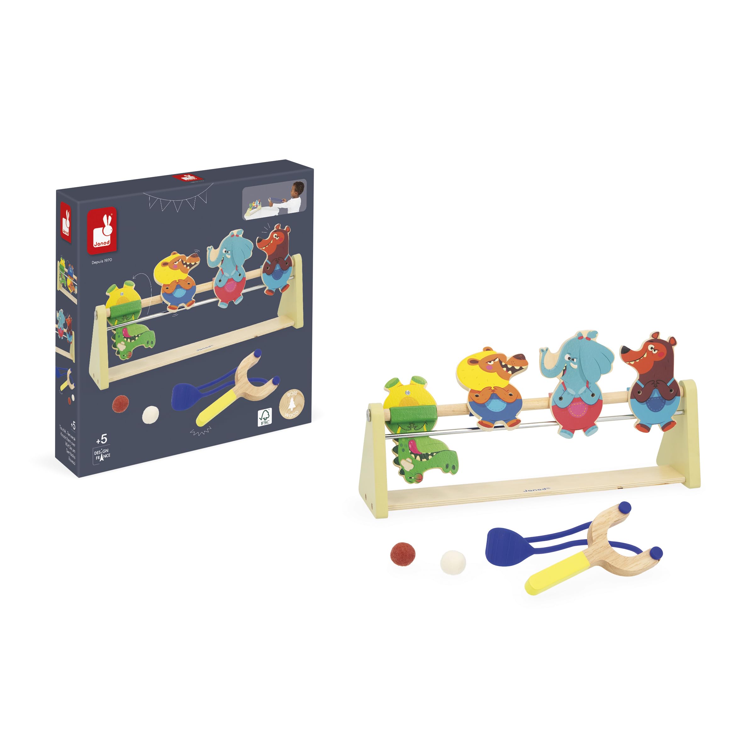 Janod Tiro a Segno in Legno per Bambini, Gioco con Bersaglio, 4 Personaggi, 1 Lanciatore, 2 Palline in Feltro, Sviluppa precisione e concentrazione, Giocattolo in Legno, da 5 Anni, J03372