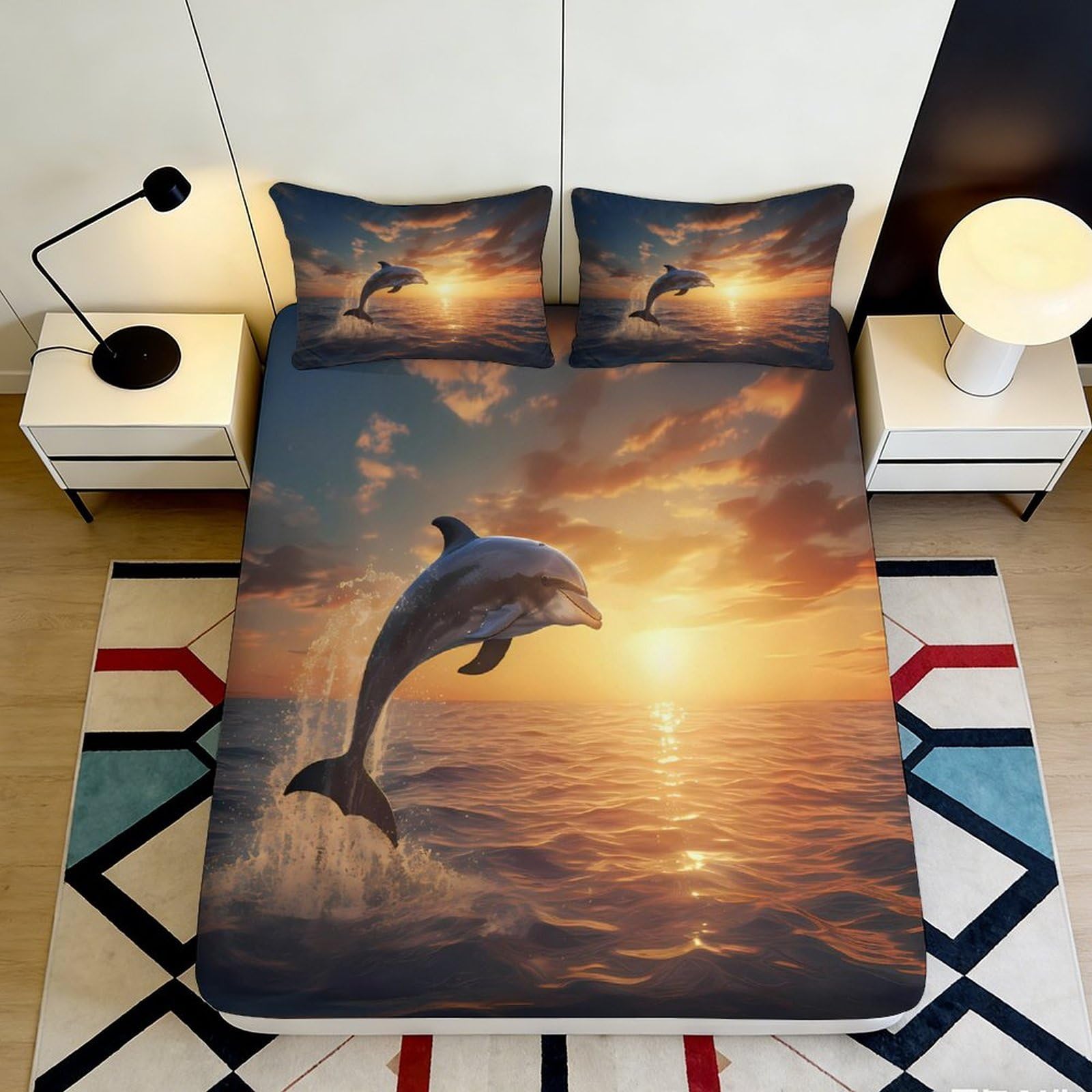 3D Printed Dolphin Sunset Fitted Sheet Microfiber Soft Anti-Slip Ocean View Mattress Cover for Bedroom Guest Room 200x200x25cm