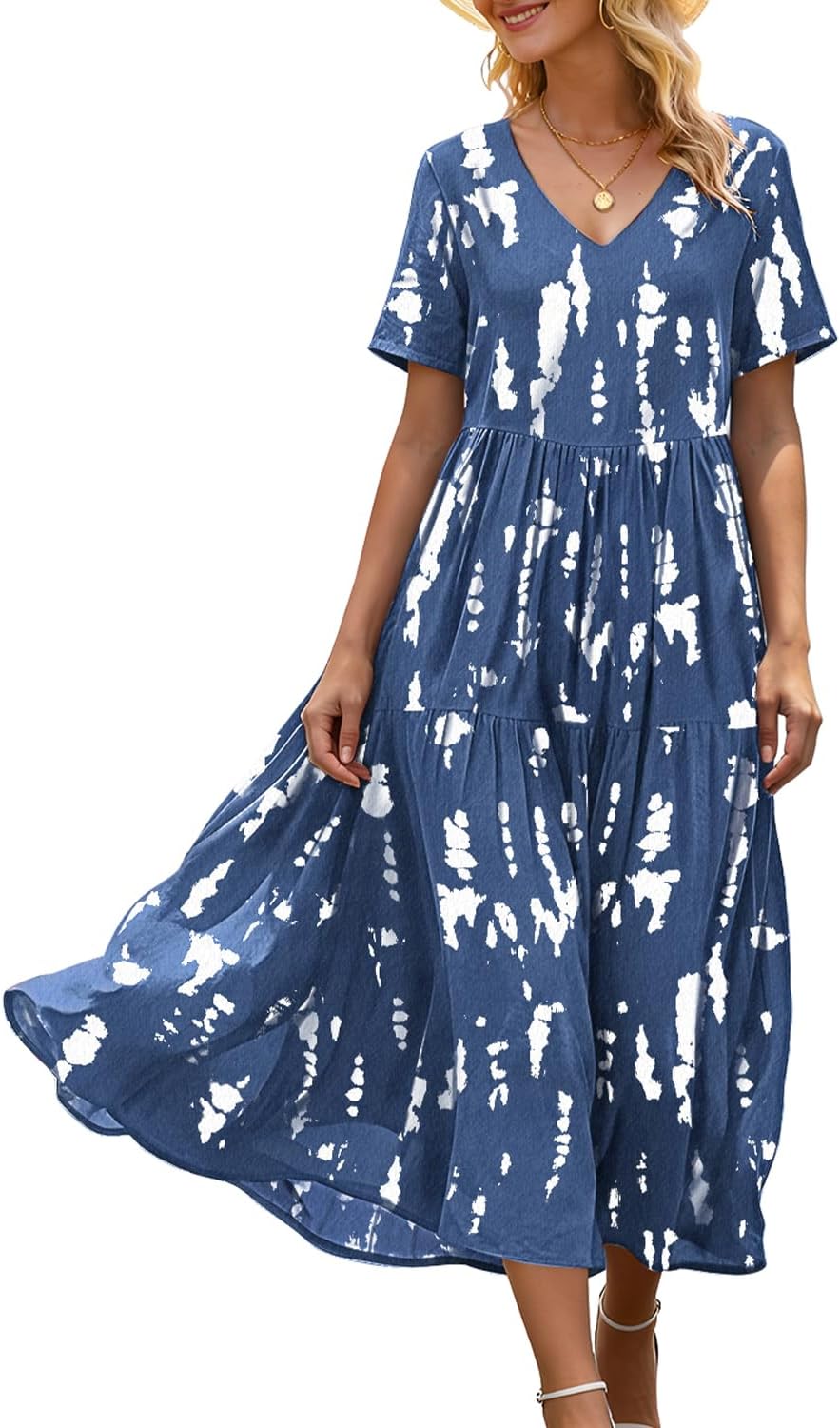 YESNO Women's Summer Maxi Dresses Casual Floral Short Sleeve V Neck Boho Beach Vacation Swing Dress with Pockets EVF