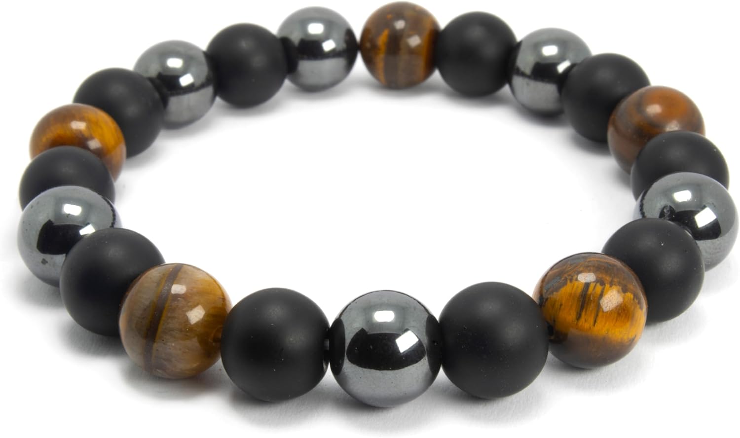 Tiger Eye Bead Bracelet for Women Men Girls Teens Adults - Triple protection bracelet - Matte Onyx Beads and Hematite Beads Meditation Jewelry 10mm Stretch Bracelet
