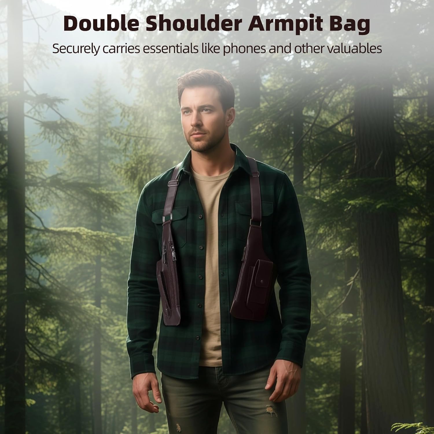 Brown Double Shoulder Armpit Bag, Adjustable Strap Shoulder Bag for Men, Anti-Theft Hidden Underarm Phone Holster, Polyester Phone Shoulder Pouch for Cycling, Hiking - Image 4