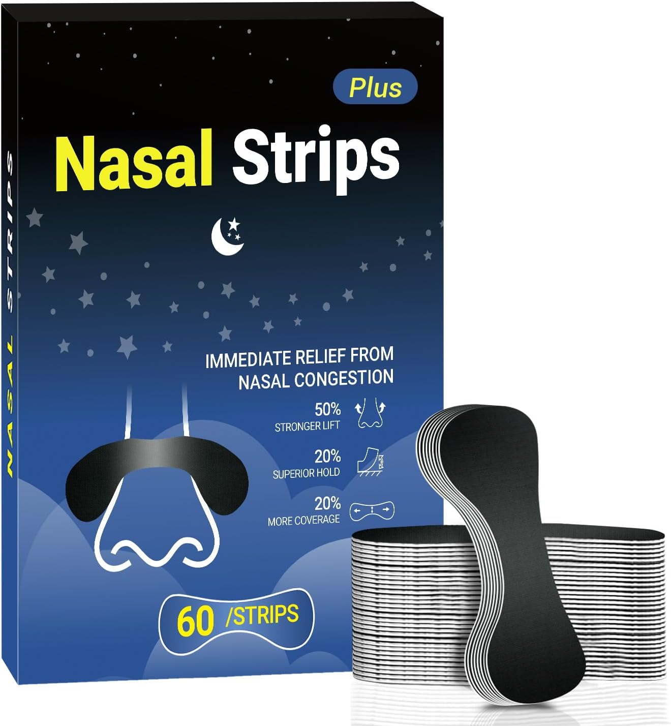 60 Pcs Nasal Strips for Snoring - Extra Strength Nose Strips for Breathing with Strong Adhesion - Sweat Resistant Design for All Day Use - Improvess Sleep and Workout Performance - Black