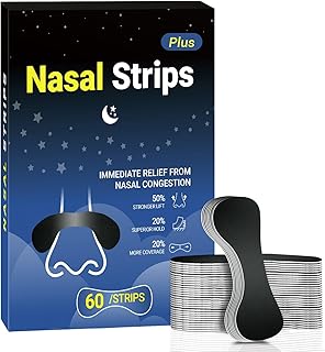 60 Pcs Nasal Strips for Snoring - Extra Strength Nose Strips for Breathing with Strong Adhesion - Sweat Resistant Design for All Day Use - Improves Sleep and Workout Performance - Black