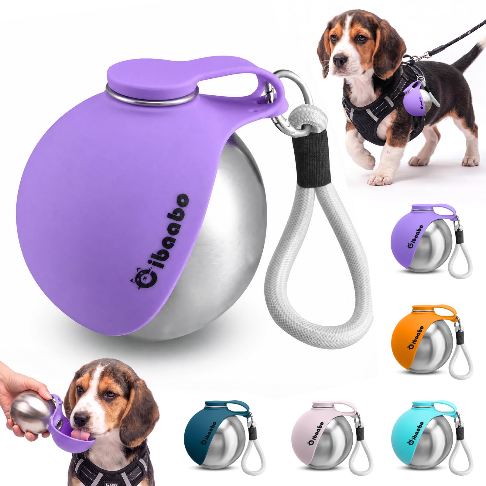 2 in 1 Portable Dog Water Bottle, Stainless Steel Pet Water Dispenser with Foldable Silicone Bowl for Walks Hiking & Travel, 285ML Pet Water Bottle for Small Dogs,Purple