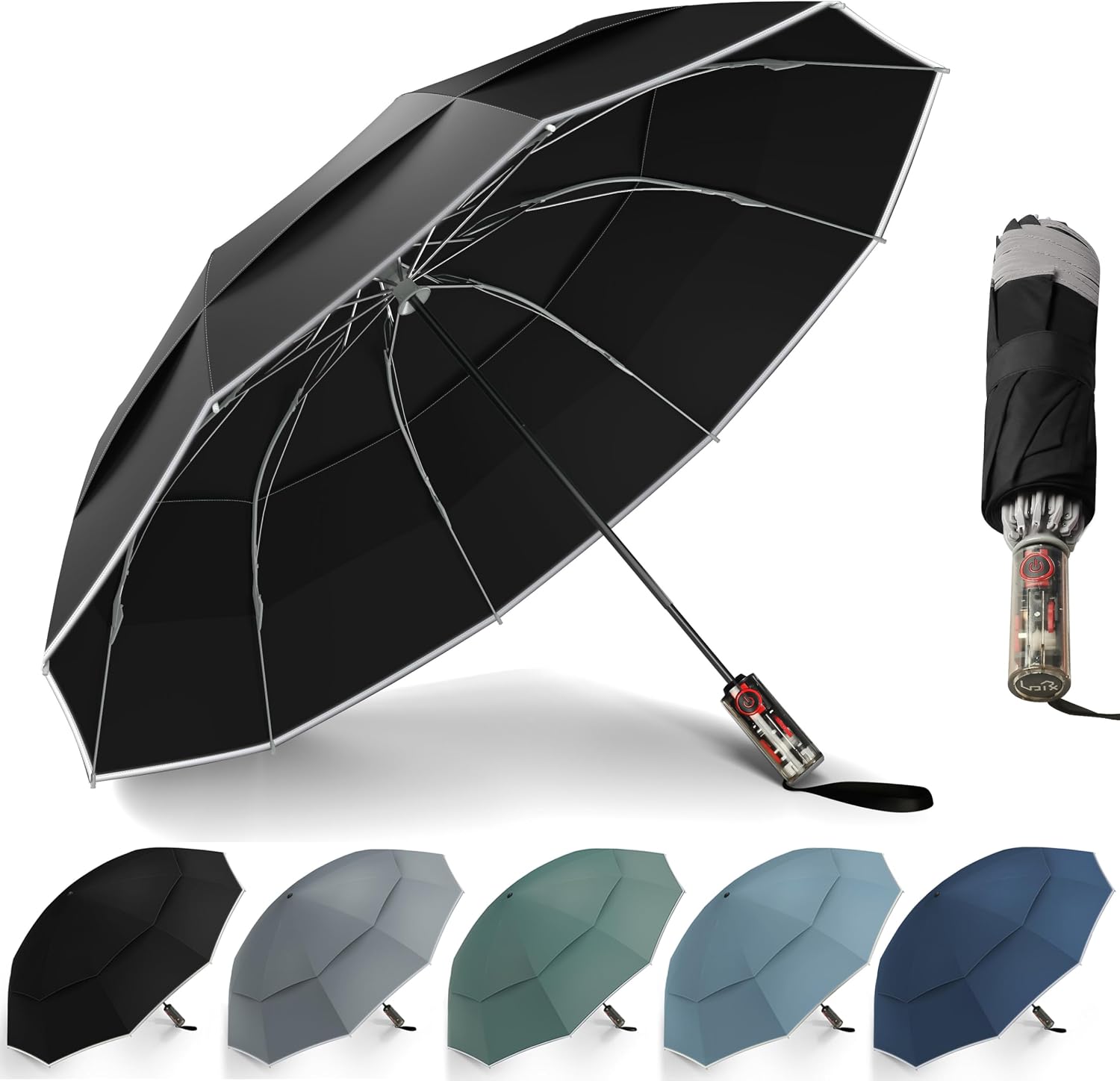 Urvoix Compact Golf Umbrellas Windproof, Travel Umbrella for Rain, 10 Ribs Aluminum Alloy & Fiberglass w/Reflective Stripe, Double Canopy Automatic Anti-bounce Close