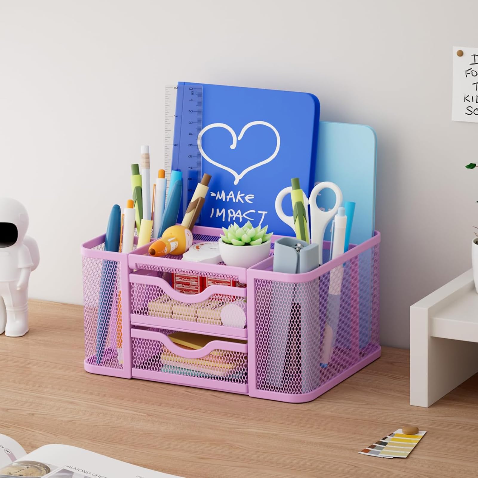 Marbrasse Organizer Scrivania,Portapenne Scrivania a Rete Vassoio Portacarte 3 Scomparti con Maniglia Organizzatore Scrivania, Portapenne Scrivania per File A4, Portapenne per Casa Ufficio (Viola)