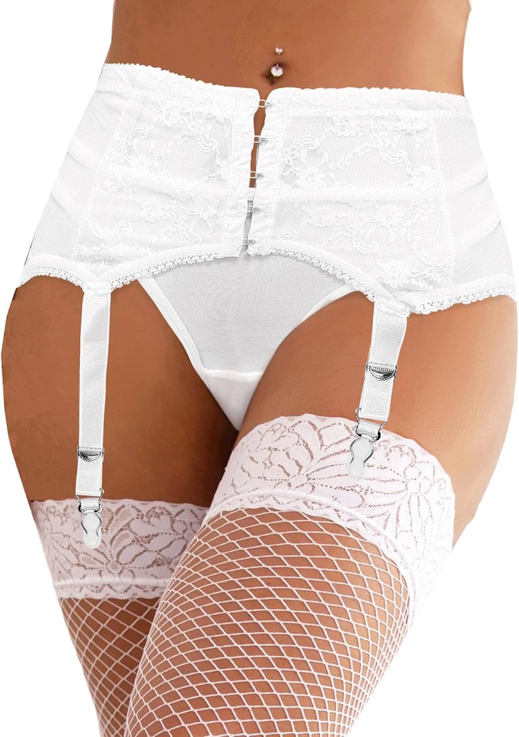 ohyeah Plus Size High Waist Garter Belt Set Lace Mesh Suspender Belt with 6 Vintage Metal Clip for Stockings