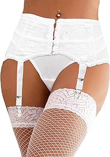 Plus Size High Waist Garter Belt Set Lace Mesh Suspender Belt with 6 Vintage Metal Clip for Stockings