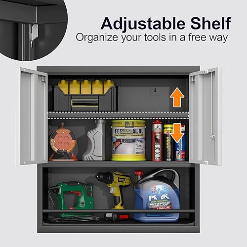 Vista 20 de GREATMEET Armarios de garaje con ruedas, armarios de almacenamiento de garaje negros con puertas y estantes ajustables, armarios de almacenamiento