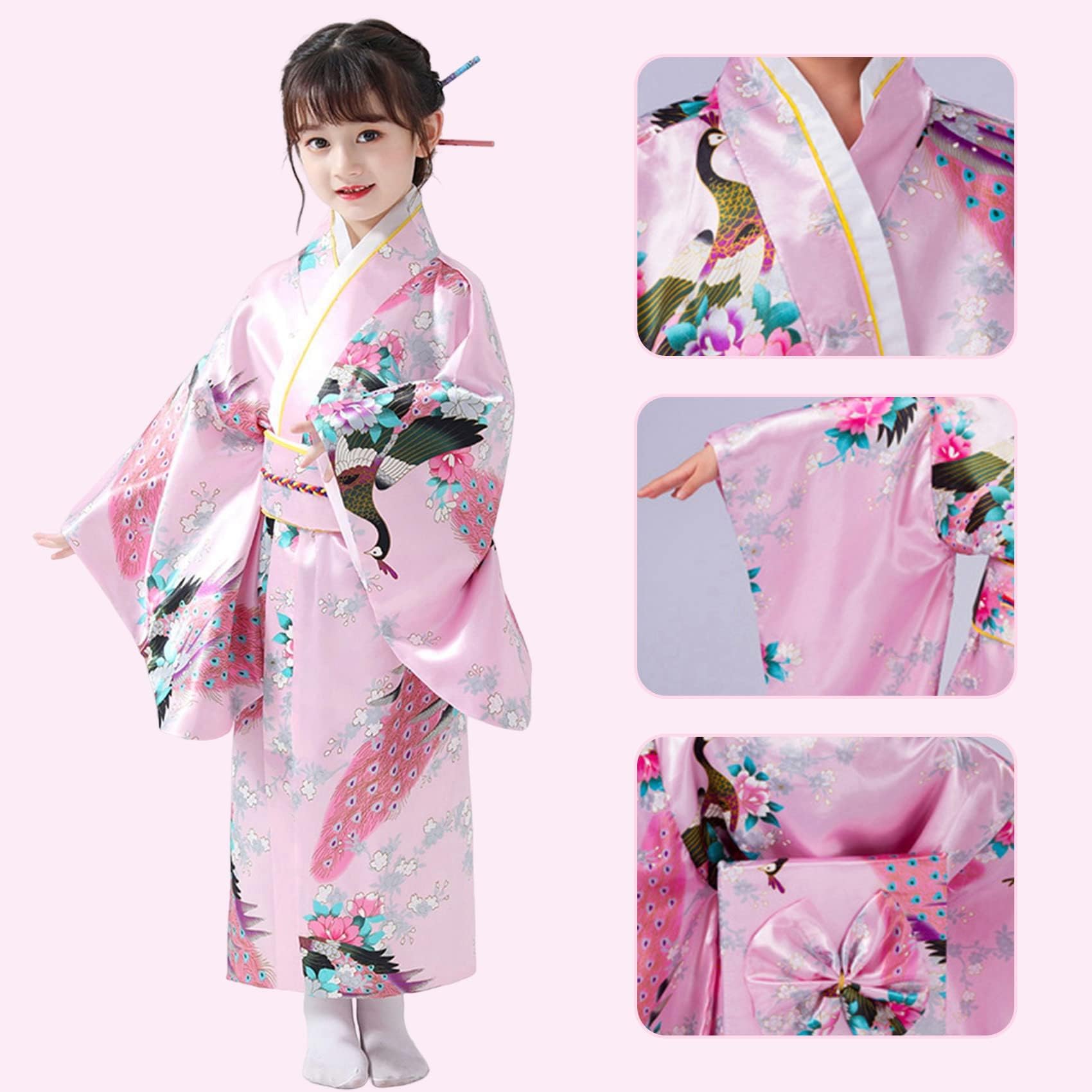 Kimono Japonais Fille à Double Couche Motif Paon avec Obi et Coussin Dorsal - Ensemble Déguisement Fille avec Éventail et Chaussettes Tabi - Kimono Enfant Cosplay pour Carnaval, Spectacle et Fête
