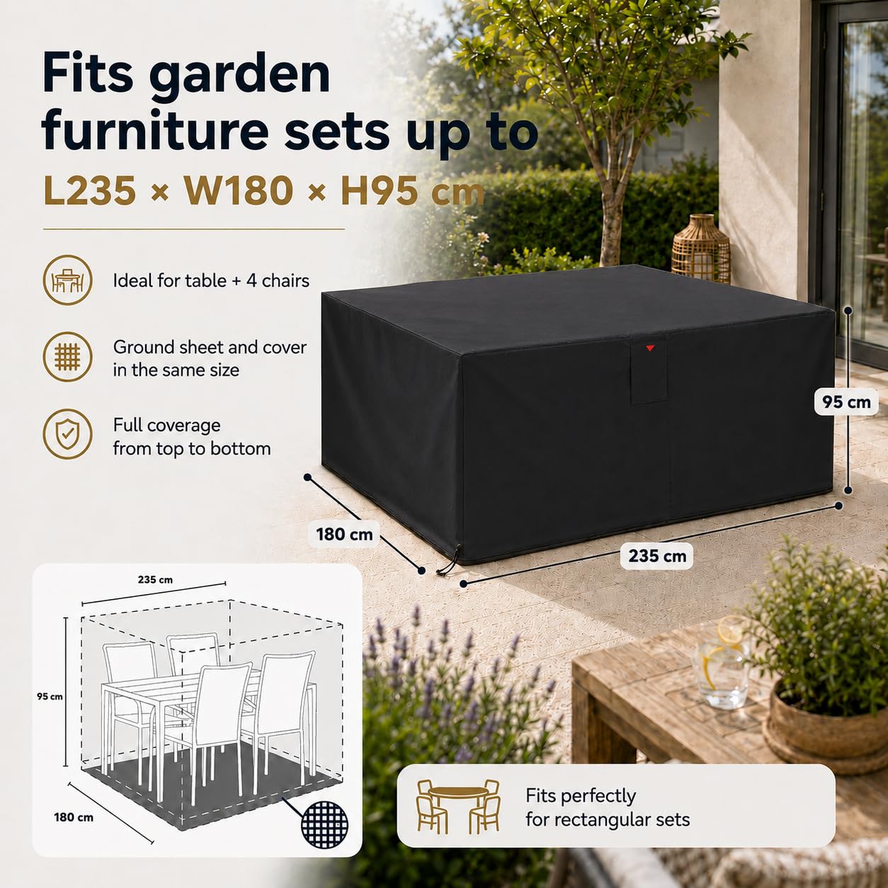 HOME It Garden Housse salon de jardin 235×180×95 cm - Oxford 600D enduit PVC, imperméable, protection UV, 2 aérations, fermeture éclair & cordon, noir