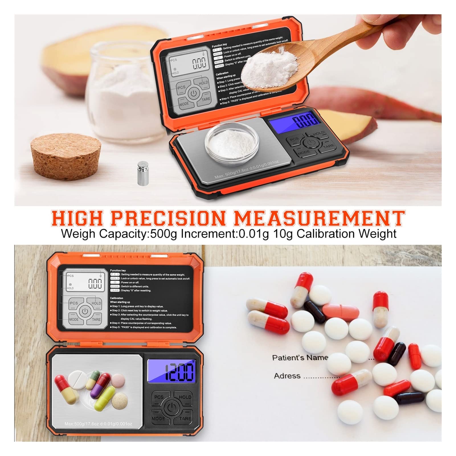 MRKU Báscula de Cocina, Herramienta de medición de balanza Profesional, minibáscula electrónica de precisión de 500 g, báscula portátil para Joyas de Oro de 0,01 g, Accesorios de Cocina