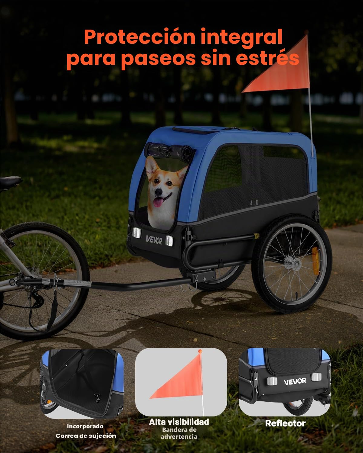VEVOR Remolque de Bicicleta para Perros, Carga de 45 kg, Carrito Portabicicletas Plegable para Perros Pequeños/Medianos con Rueda de Liberación Rápida, Enganche Universal, Reflector y Correa Interior