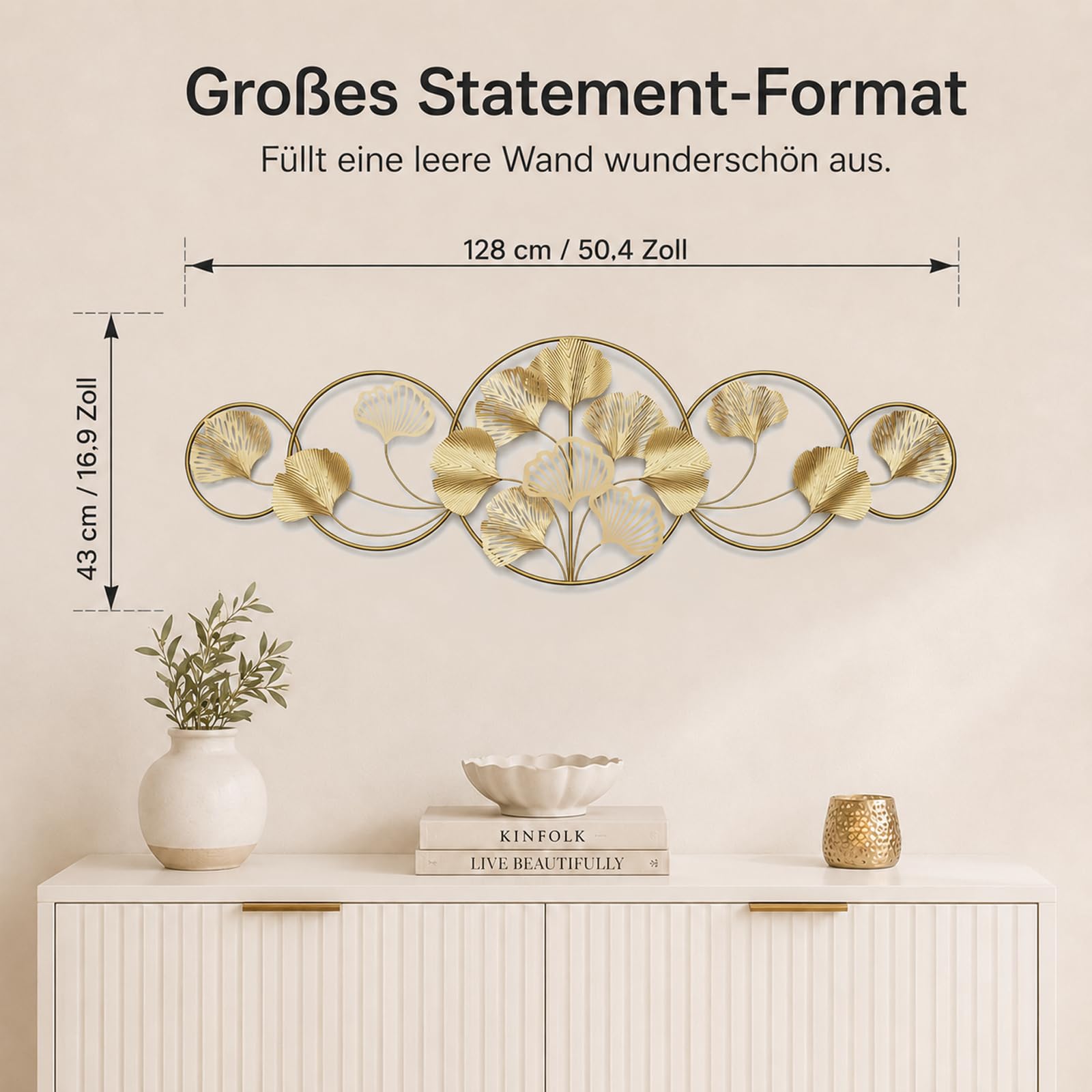 QHENS Wanddeko Ginkgo Gold, Wanddeko Metall Groß, Wand deko Wohnzimmer für Home Wall Art Dekoration, 3D wanddekoration Gingko, Blatt Einstellbar, 128x43CM