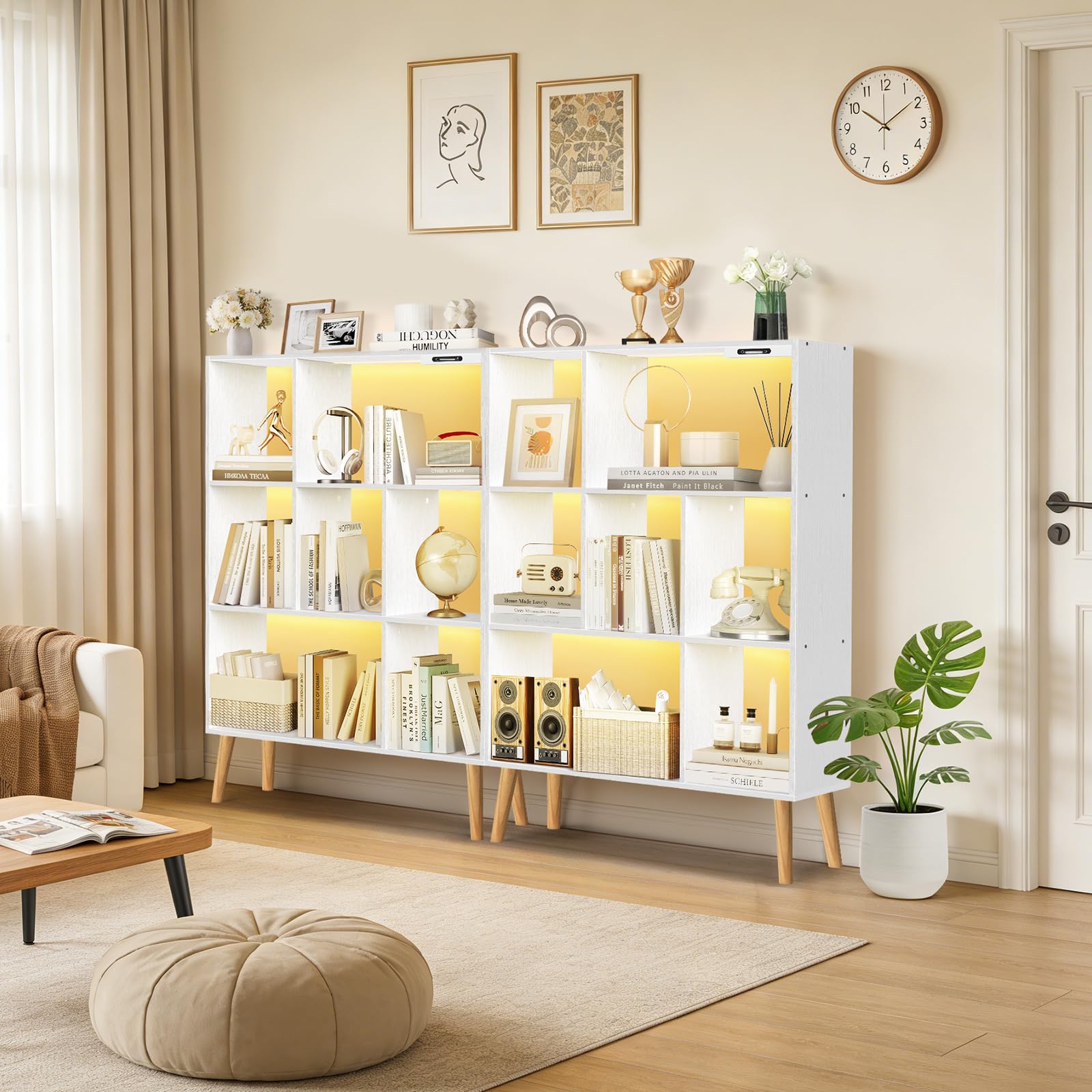 Estantería de 7 Cubos con Luces LED, Control Táctil y Remoto, Librería Moderna Independiente Regulable, Organizador de Madera para Salón, Dormitorio u Oficina