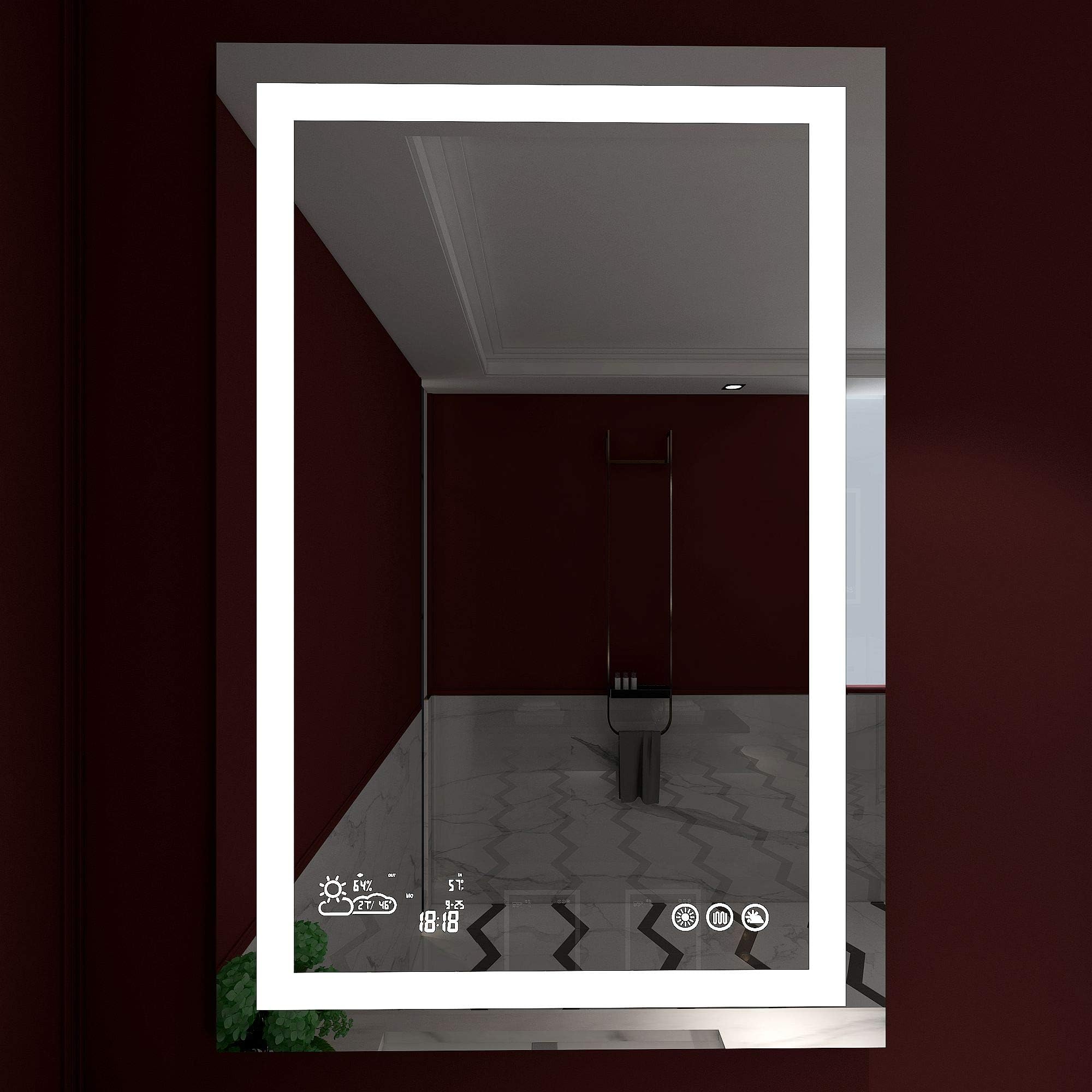 Dimmable Lighted Bathroom Mirror with Weather Forecast| Defogger and Memory Touch Switch| High Lemens Make Up Vanity Mirror 6500K CRI>90|Calendar Time Date Temperature Humidity Display