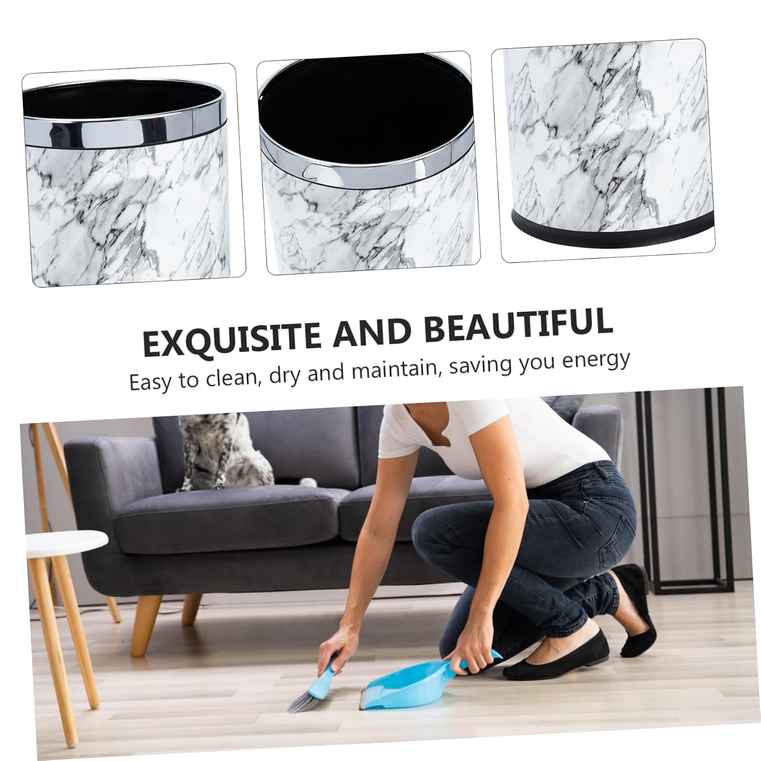MAGICLULU Marbling Trash Can for Bathroom Elegant Marble Pattern Waste Holder Compact Round Garbage Bin for Home and Office Dual Design White Marble Finish