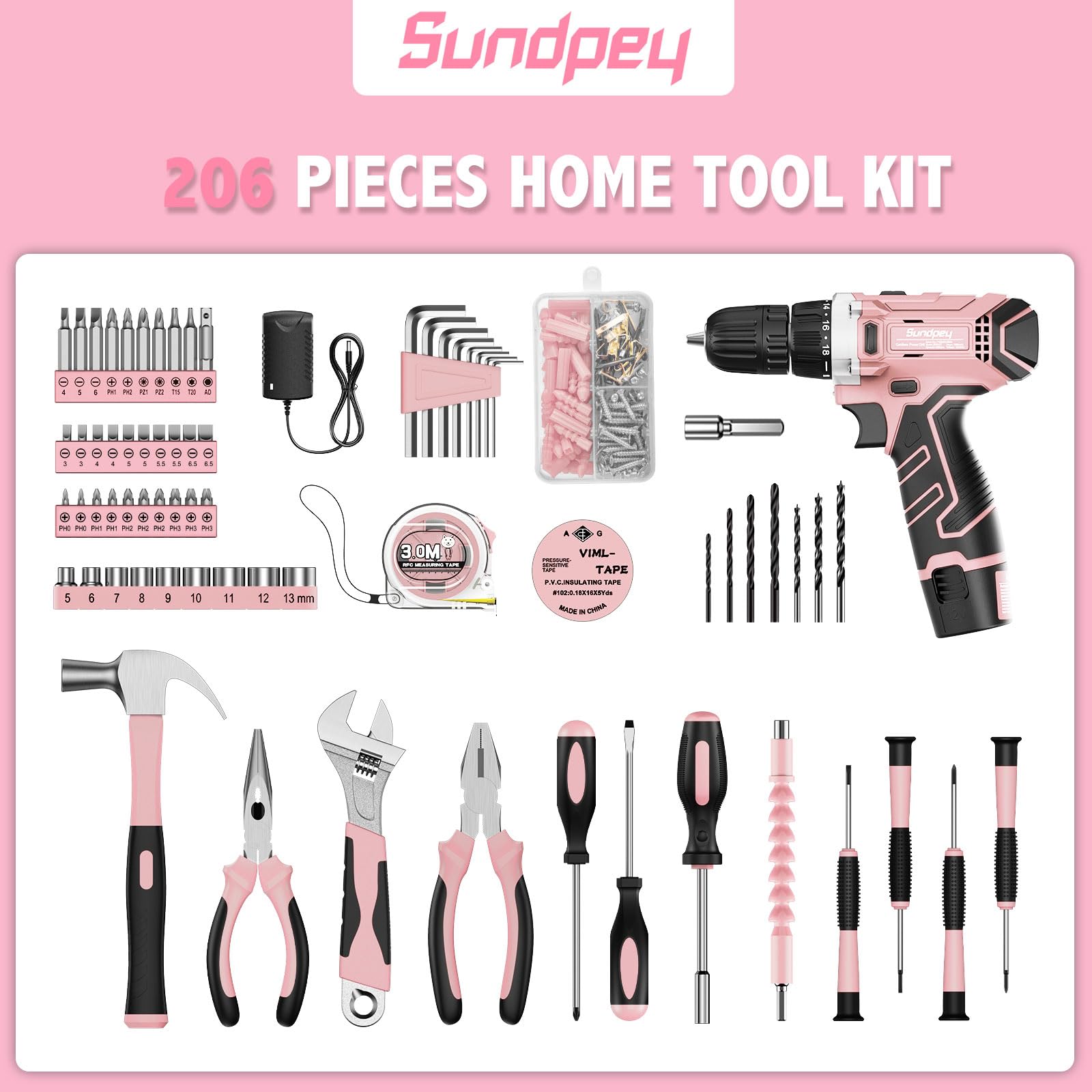 Sundpey Kit di attrezzi con trapano da 12 V, set di utensili per trapano elettrico senza fili, set completo di strumenti per la riparazione di casa e auto, kit di attrezzi rosa per donne con chiave
