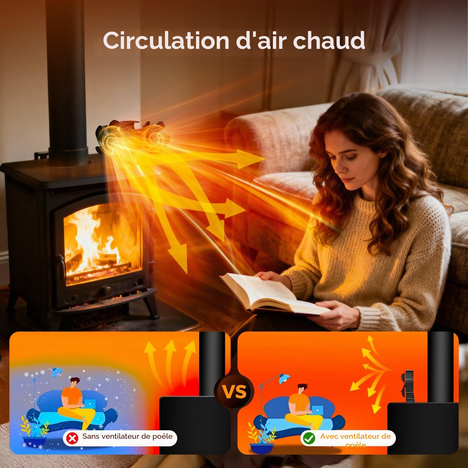 MERTTURM Ventilateur Poele à Bois, Amélioration Aluminium Anodisé 10 Pales Ventilateur de Cheminée, Protection Contre la Surchauffe, Silencieux pour Poêle à Bois/Cheminée/Gaz/Bûche