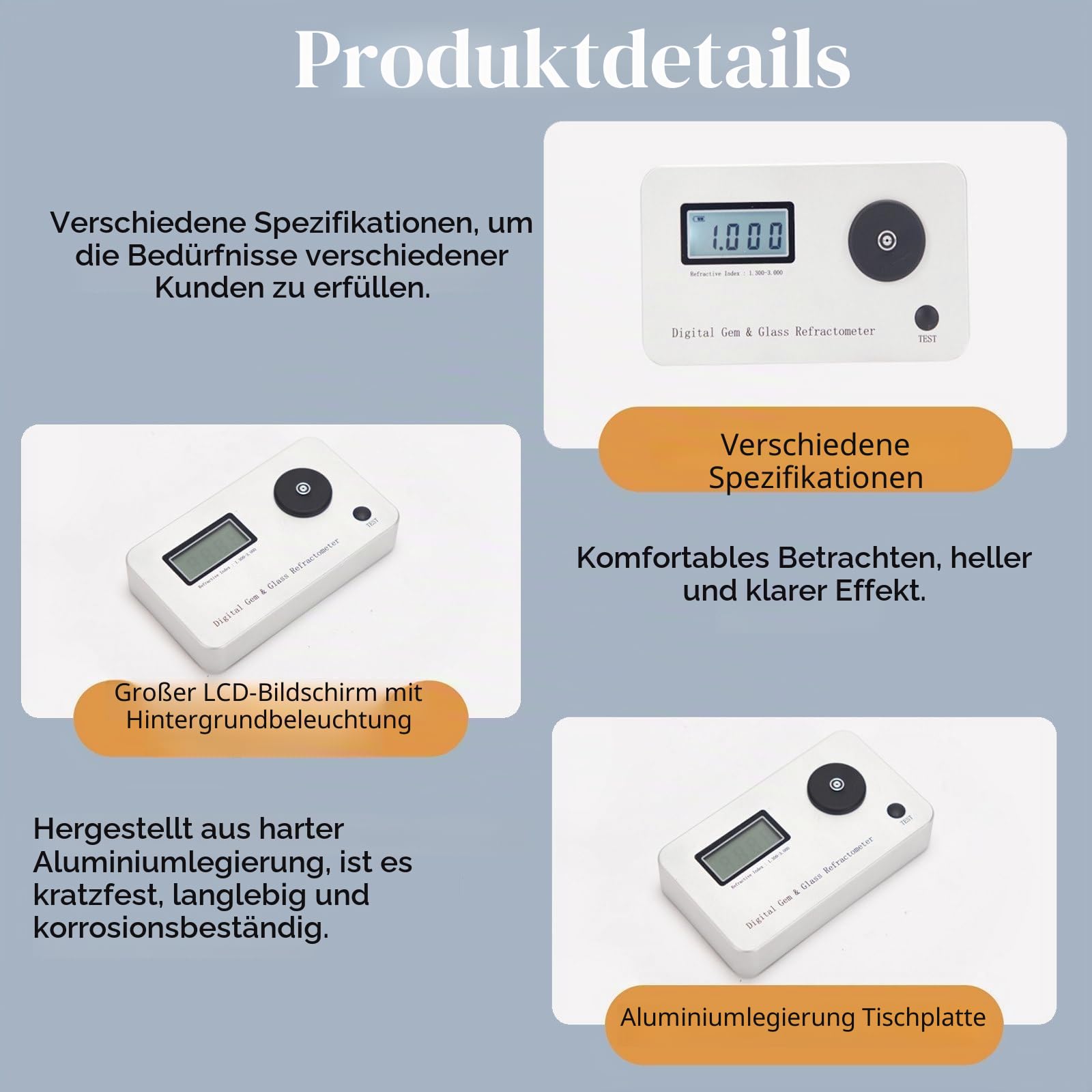 Leichtes Edelstein-Refraktometer, digitales Edelstein-Refraktometer, Messfehler: ±0,005/Genauigkeit: 0,001/Brechungsindex 1,300–3,000