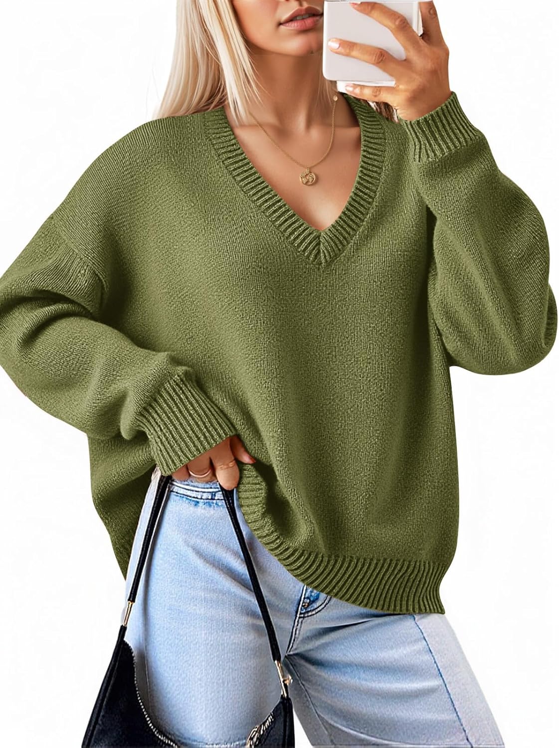 Yousify Womens Fall V Neck Sweaters Casual Knit Long Sleeve Loose Fit Pullover Sweater Tops