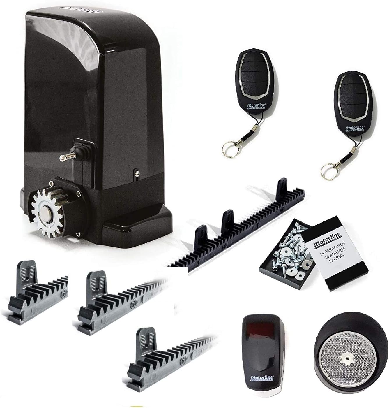 Kit completo Motorline Bravo 500 motor corredera profesional para automatizar puertas y cancelas correderas de hasta 500 kg de peso, con accesorios de calidad profesional y manual en español.