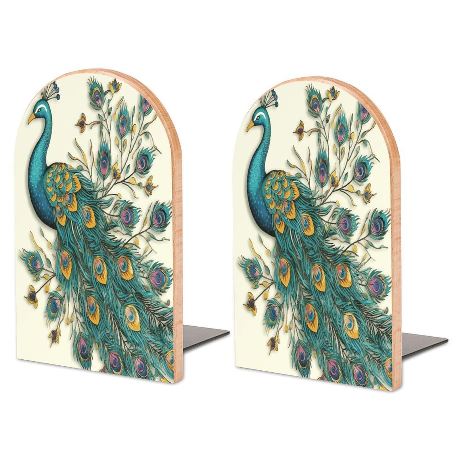Large Peacock Pattern Book End with Metal Base Fashion Heavy Duty Bookend Exquisite Wooden Bookends Non-Skid Book Stopper for Shelves Books Organizer for Office Home 1 Pair