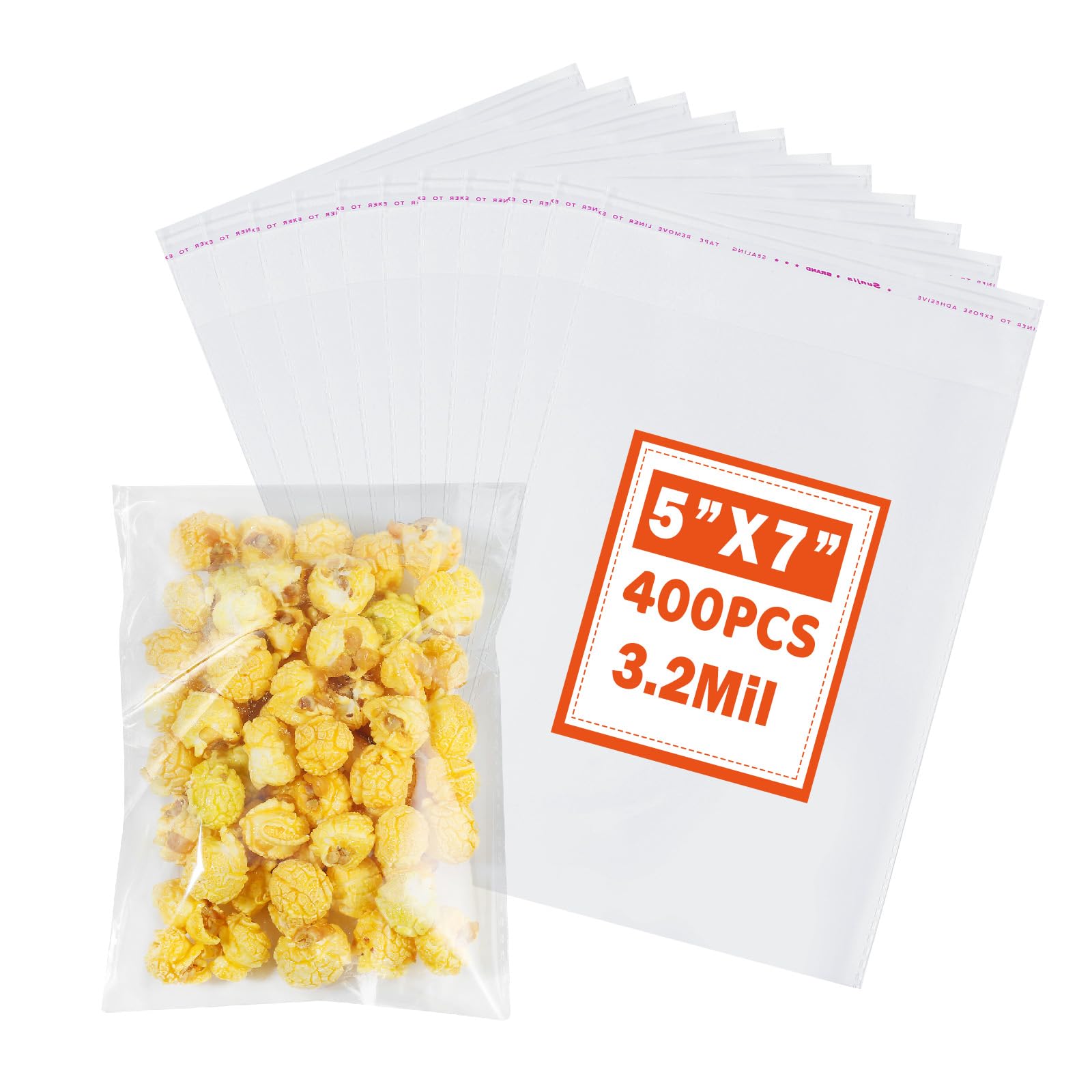 RONSBILL 400 PCS Thick 3.2Mil Self Sealing Cellophane Bags 5x7 Inches Clear Cookie Bags Resealable Cellophane Bag for Packaging Cookies Candy Party