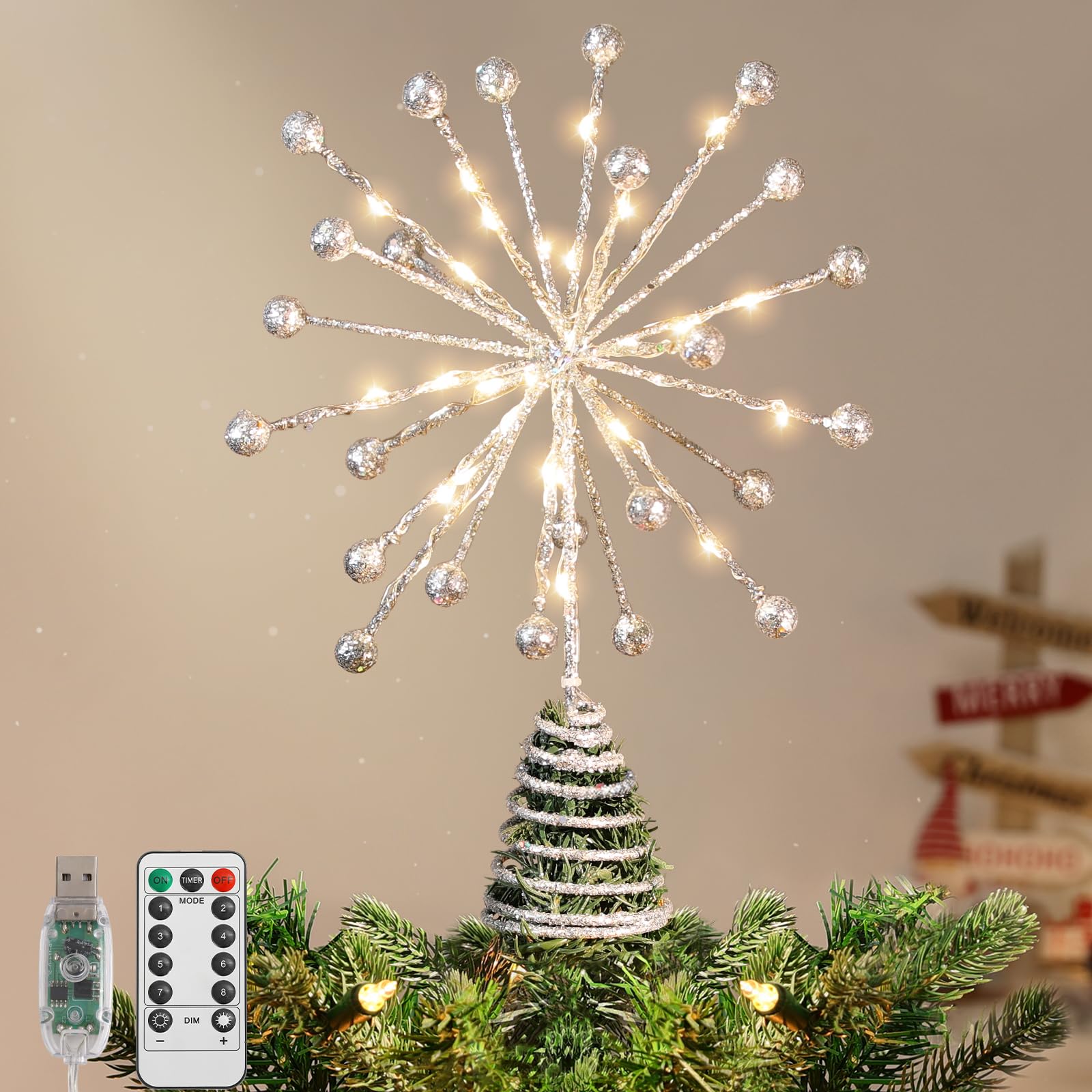 Lewondr Christmas Tree Topper, 10.63'' Metal Xmas 3D Burst Tree Topper with 30 LED Bulbs, USB and Remote Control Glittered Star Treetop, 6H Timer, 8 Light Modes Christmas Tree Decorations, Silver