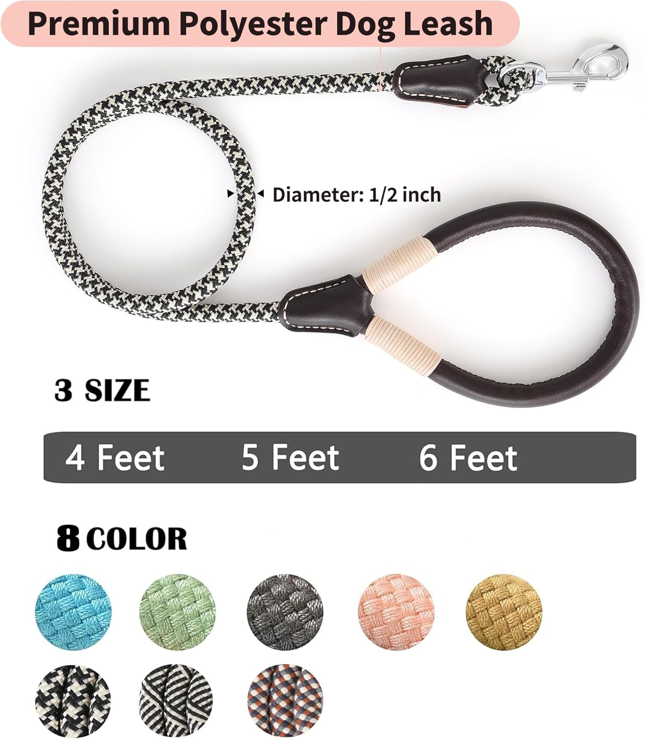 Mile High Life Genuine Leather Wrapped Handle Dog Leash, w Heavy Duty Clasp Rope Leash for Small Medium Large Dogs (Black Khaki, 6FT)