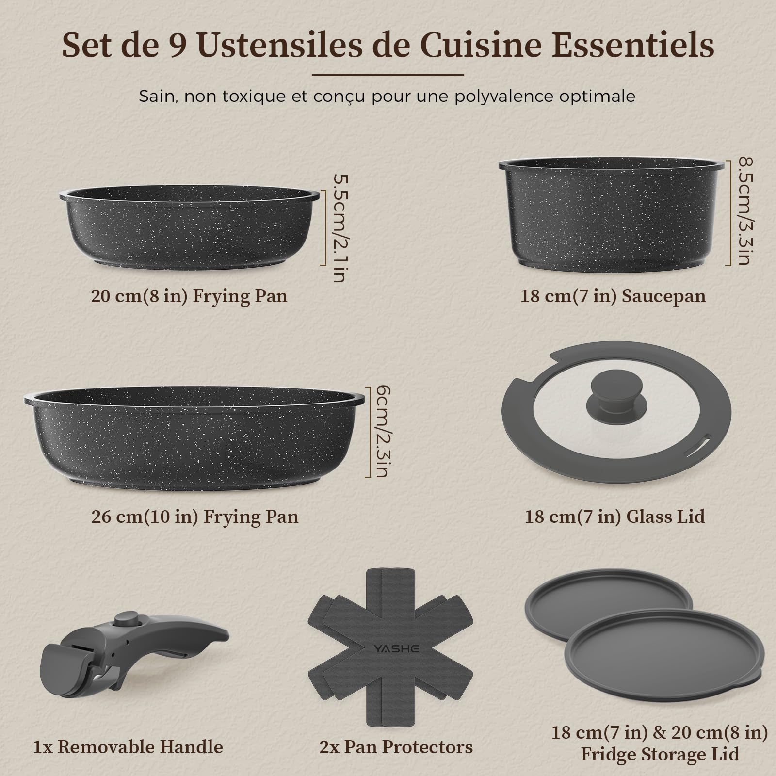 YASHE Batterie de cuisine 9 pièces, non toxique, sans PTFE ni PFAS | Set de Casseroles et Poêles Antiadhésive Granite, Induction, Faitout avec Couvercle, Gain de Place, Passe au Four
