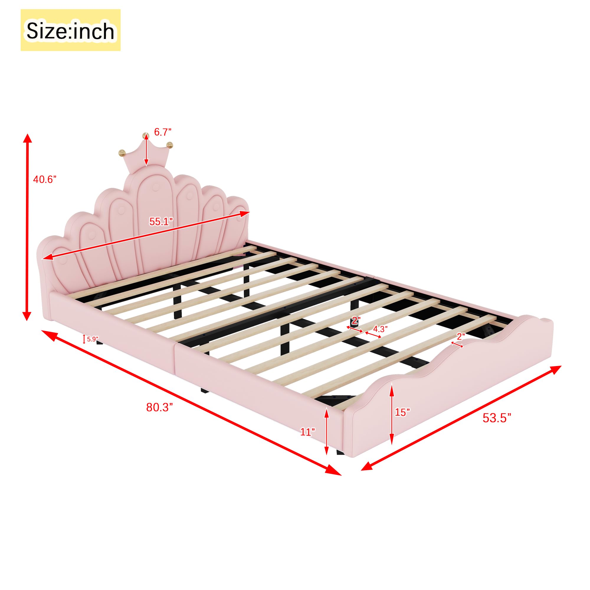 Cama Princesa 90x200 Cm Corona Con LED Y Acolchado Piel Sintética Rosa