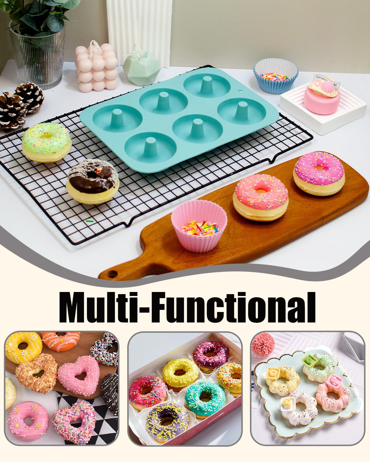 Paquete de 3 moldes de silicona para donas para hornear, molde antiadherente para donas, 6 Cavity Heritage Bundtlette Cake Molde de silicona para hornear (azul + gris + rosa) 5