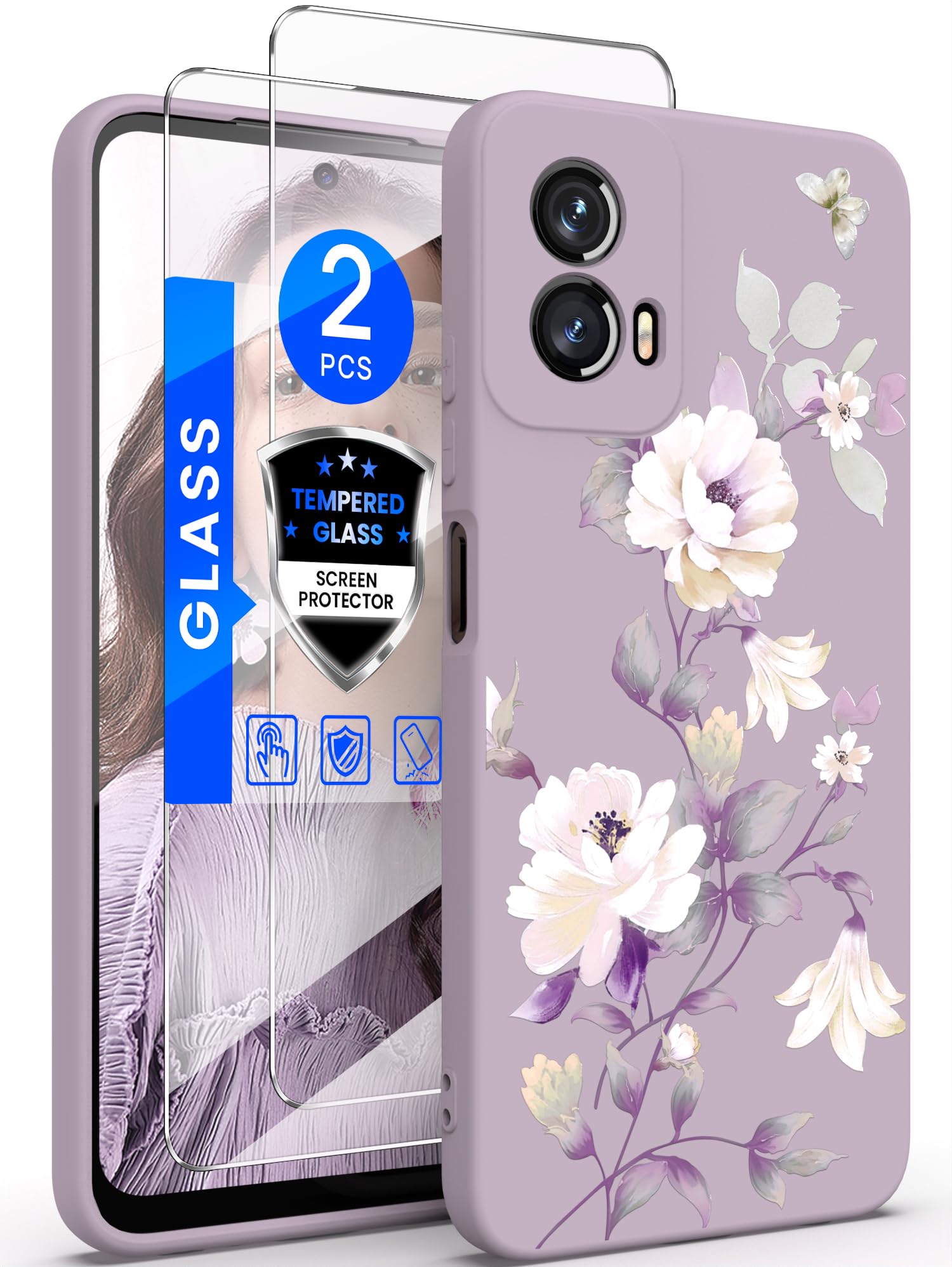 Yucenx for Motorola Moto G Power 5G 2024 Case with 2X Tempered Glass Screen Protectors, Girls Women Florals Liquid Silicone Phone Case, Shockproof Anti-Scratch Soft Protection Case (Purple