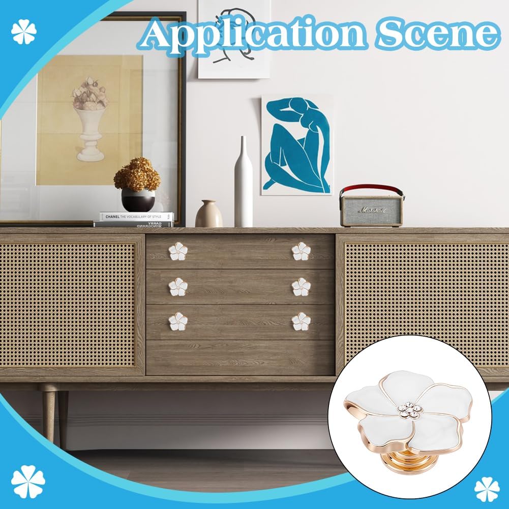 PLIGREAT 6 Pcs White Petal Drawer Handles, Flower Zinc Alloy Knob Cabinet Drawer Pulls with 12 Mounting Screws Decorative Handles for Dresser Kitchen Closet Door, Golden Edge