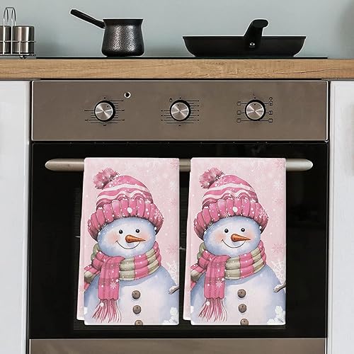 Miniatura 5 de Toallas de cocina de muñeco de nieve rosa de Navidad para decoración del hogar, 2 toallas de cocina absorbentes de microfibra, toallas de mano