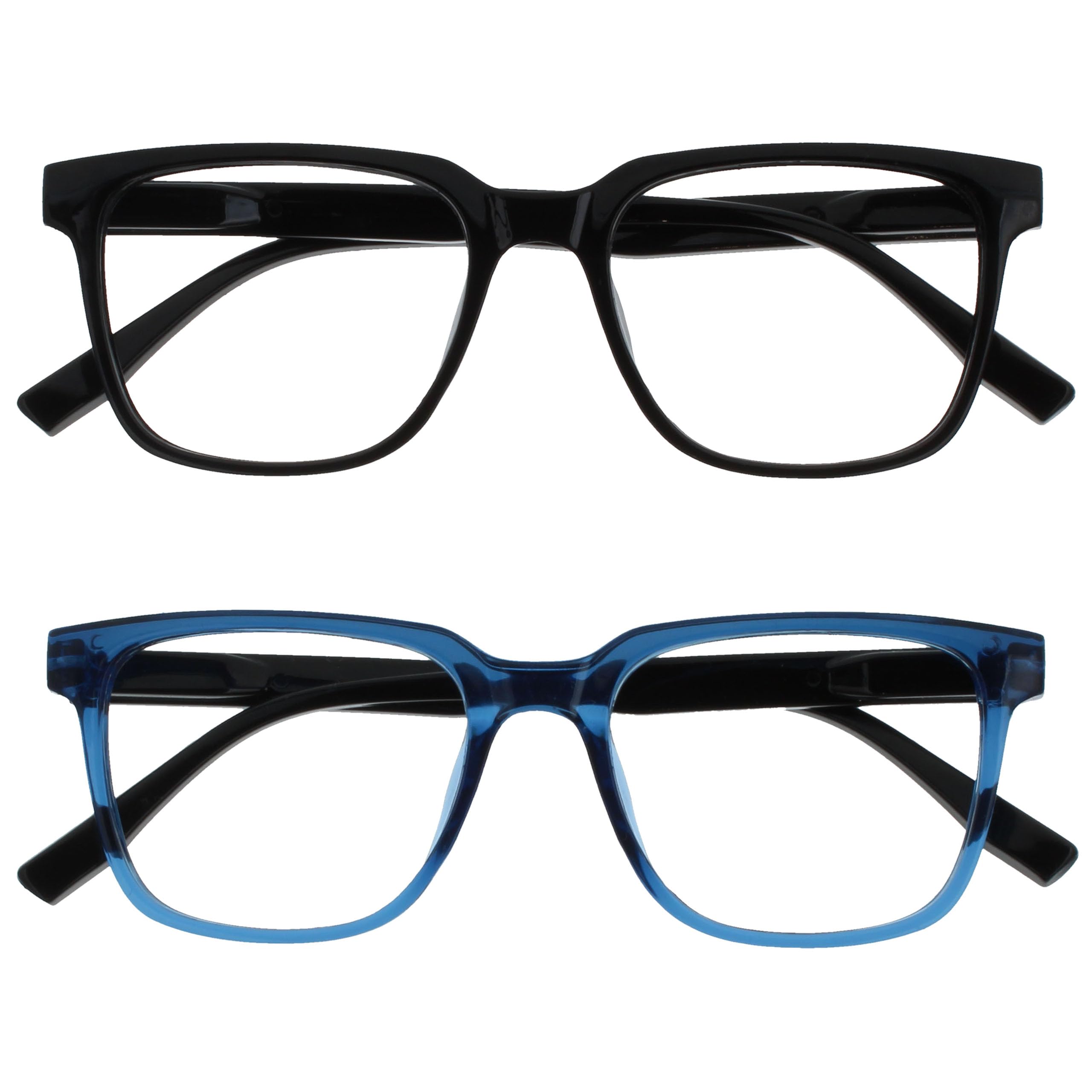 OPULIZE LEO Reading Glasses - 2 -Pack - Large Rectangular Frame - Black, Blue - Mens Womens - Spring Hinges - RR55-13 - +1.50