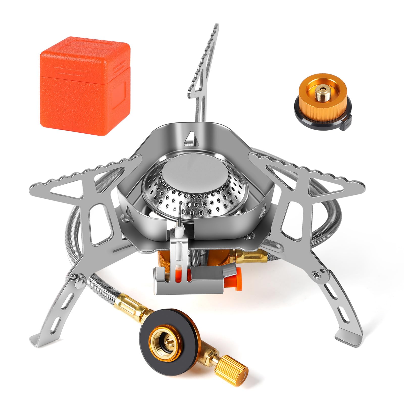 SWAWIS 3500W Fornellino da Campeggio Portatile Piezoelettrica Stufa a Gas Campeggio Antivento con Adattatore per Escursionismo Campeggio Picknick Trekking Outdoor Wandern