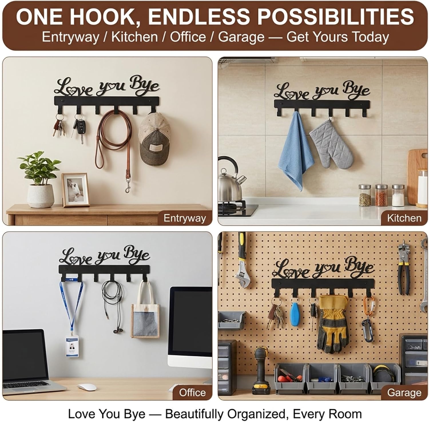 Love You Bye Key Holder Hook Rack, Wall Mounted Iron Key Organizer with 6 Hooks, 10x4 Inch Entryway Hanger for Front Door Hallway Office Decor