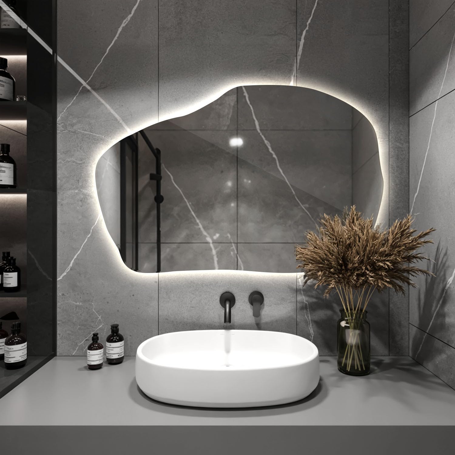 Tulup Specchio per Vestirsi 100x65 cm Illuminato con Luci a LED Luce Neutro Forma Irregolare Asimmetrico Senza Cornice con Illuminazione per Soggiorno, Bagno, Camera da Letto, Corridoio