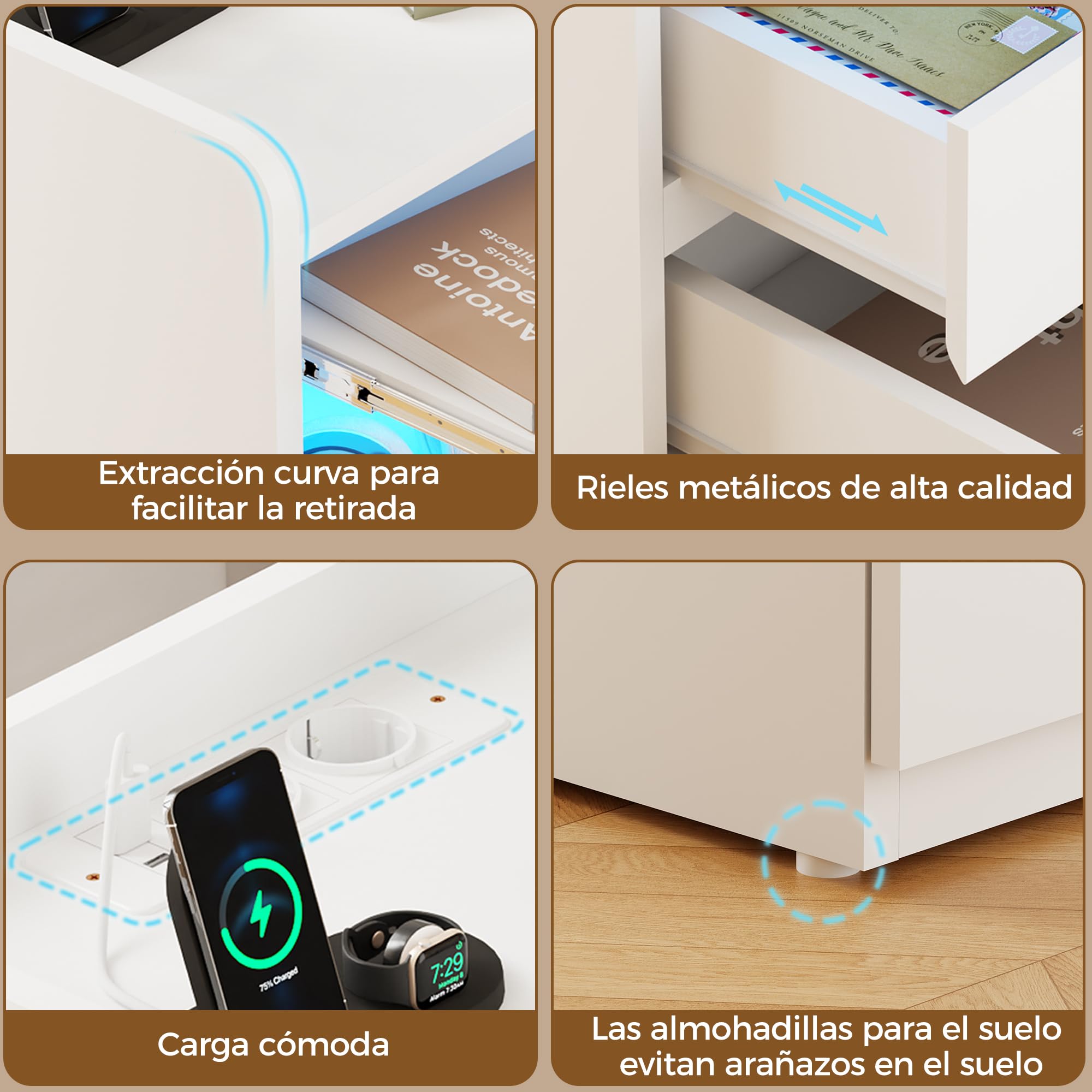 BEWISHOME Juego de 2 Mesitas de Noche,con Compartimento Oculto,con Luces LED y Estación de Carga Mesas Auxiliares(2 Tomas AC 2 Puertos USB),para Salón,Dormitorio (Blanco) EFCG02W