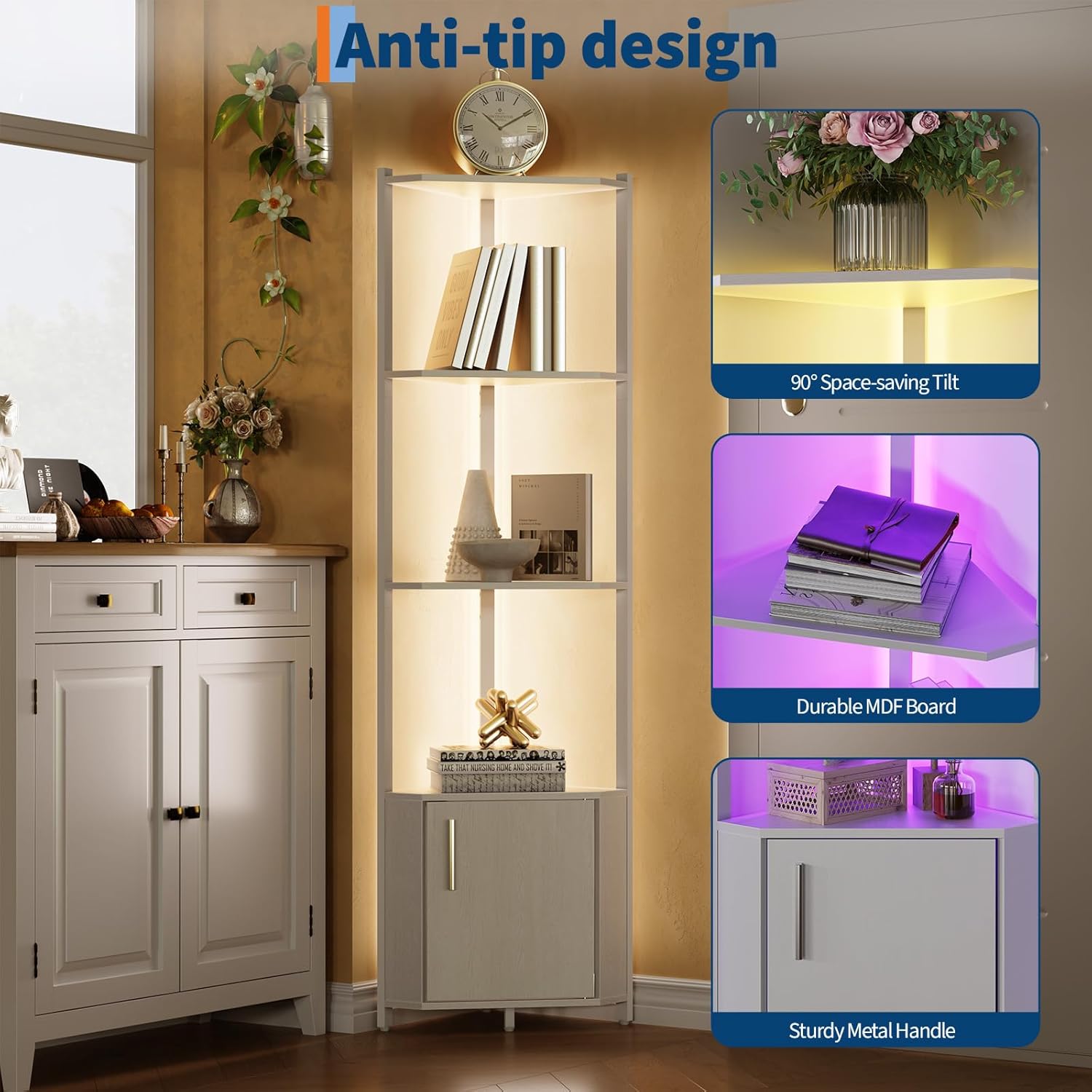 GarveeHome Corner Shelf Stand with Lights, 5-Tier 58 Inch Tall Corner Shelf with Wooden Shelves for Storage Display, Plant Stand for Living Room, Bedroom