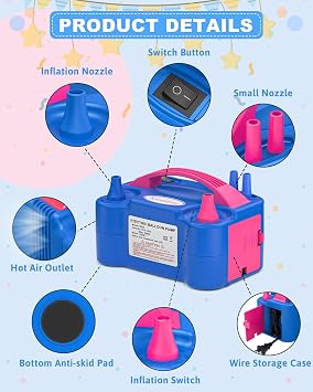 Electric Balloon Pump, Balloon Inflator Machine for Balloons at Home, Portable Dual Nozzle Air Pump Balloon Inflator/Blower Bulk Balloons Filling for Kids Party Decoration(Blue,110V)