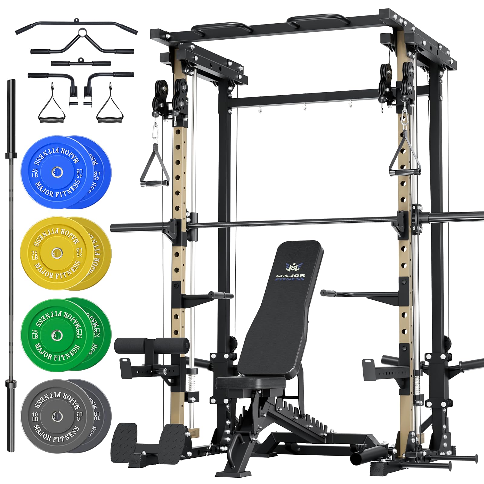 MAJOR FITNESS Drone3 Smith Machine 2500lbs All-in-One Home Gym Power Rack with Dual Pulley System for Cable Crossover