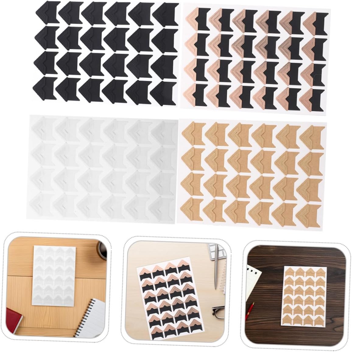 Gogogmee 16 Sheets DIY Photo Corner Stickers for Scrapbook Albums, Self-Adhesive Scrapbook Accessories Corners in Rose Gold, Kraft, Black, and White for Memory Books and Crafts